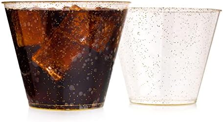 STACKABLES ~ Pack of 50 9oz Gold Glittered Plastic Cups ~ Clear Tumbler with Gold Glitter ~ Reusable Elegant Party Cup Set