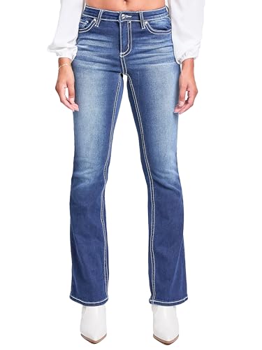 YMI Women's Mid Rise Heavy Stitch Bootcut Cross Studded Jeans