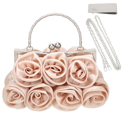 kilofly Rose Clutch Evening Purse Satin Small Bag with Detachable