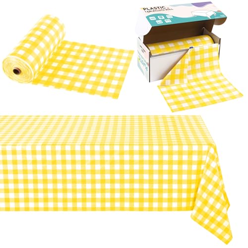 Image of Kochorie 54 Inch x 300 Ft Light Yellow Checkered Plastic Table Cloth Roll Disposable Waterproof Table Cover Plastic Table Cover Roll with Easy Slide Cutter for Outdoor Picnic /Home Dining /Spring Party