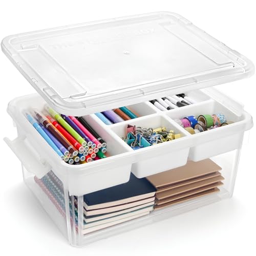 Eorbow 17QT Plastic Storage Box with Removable Tray, Clear Art Supply Craft Organizer and Storage Bin, Stackable Playroom Container with Lid and Handle for Organizing Tool, Bead, Crayon, Sewing