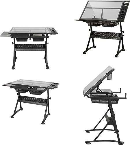 Tiltable Drawing Table, Adjustable Art Desk, with Storage Craft Table, Drafting Table Glass Panel, Adult Drawing Desk