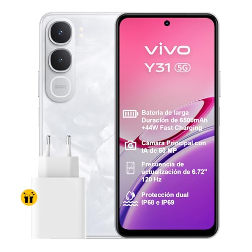 vivo Y31 5G Smartphone 6+256GB, Batería de 6500 mAh con Carga de 44W Telefono movil,Pantalla de 6,72' con 120 Hz y 1050 nits Movil,Cámara con IA de 50 MP,Doble estéreo,IP68+IP69,Blanco