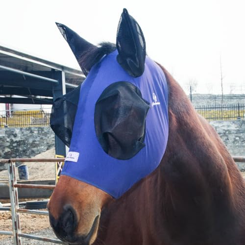 Horzmetnex Stretchy Horse Fly Mask with Extra-Large Eyes & Mane Opening – Soft, Breathable Fly Mask for Horses, Tangle-Free Design, Enhanced Visibility (Navy Blue, Cob (Medium))