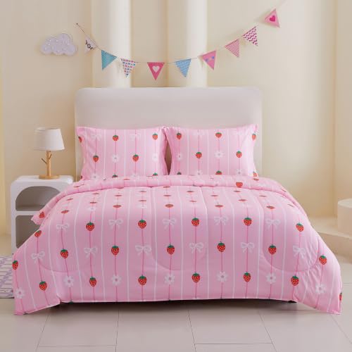 Image of Yibeizi Pink Strawberry Comforter Set for Girls Twin Bow Striped Bedding