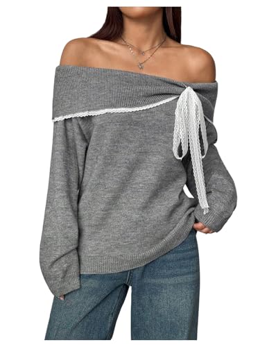 Verdusa Women's Bow Off The Shoulder Pullover Sweaters Y2k Lace Long Sleeve Knit Tops