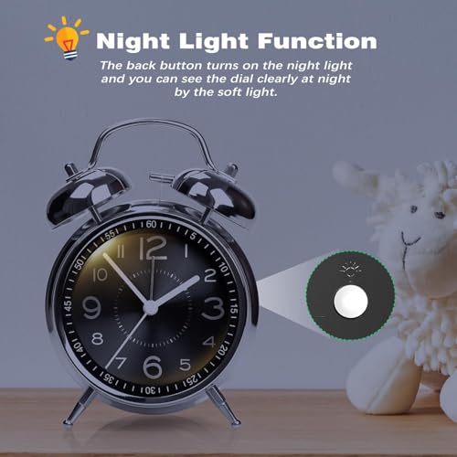 Image of RUCON Table Analog Clock 4.5 Inches Alarm Super Loud for Heavy Sleepers Retro Twin Bell Metal Frame Clock with Night Backlight Function Bedside Alarm for Bedroom /Office (Black Silver)