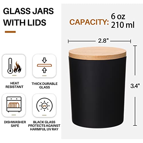 15-Pack 6Oz Glass Candle Jars With Airtight Bamboo Lids, Bulk Matte Black Empty Candle Vessels With Labels For Making Candles - Dishwasher Safe #TOP1