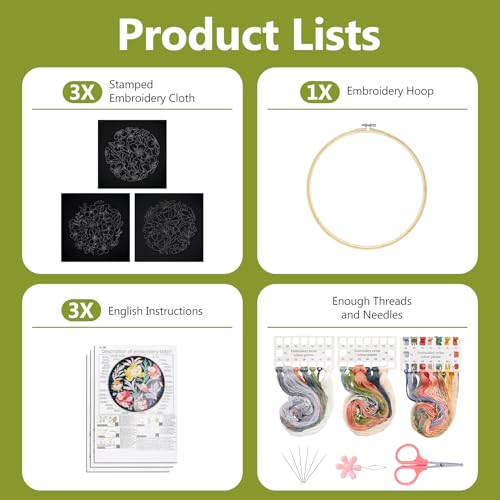 Image of Santune 3 Pack Embroidery Kit for Beginners, Needlepoint Cross Stitch Kits for Adults,Needle Point Sets with Stamped Petal Pattern Stitch Video Tutorial