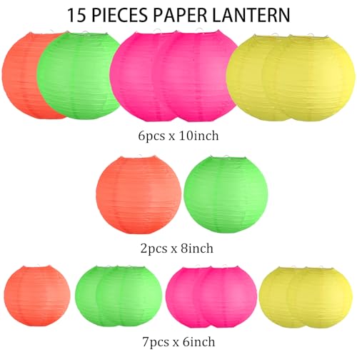 Image of 15-Pack Glow in the Dark Party Supplies, Neon Party Decorations | UV-Reactive Colorful Hanging Paper Lanterns for Birthday, Wedding, Baby Shower, Classroom Decor, Bars & Blacklight Events