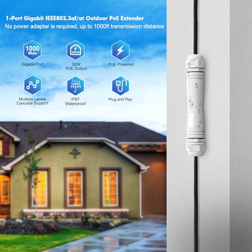 Image of MokerLink Outdoor 2 Port Gigabit PoE Extender, IEEE 802.3 af /at Repeater 30W, 10 /100 /1000Mbps, 1 In 1 Out, Wall Mount IP67 Waterproof Passthrough Switch