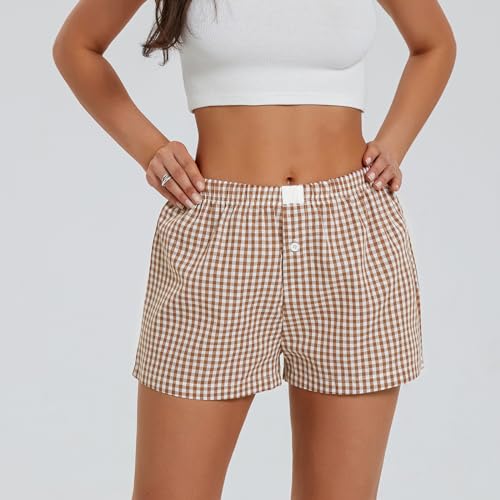 Image of Yuemengxuan Y2k Plaid Shorts Baggy Boxer Shorts for Women Elastic Waist Casual Lounge Bottom Gingham Pajama Shorts Sleepwear