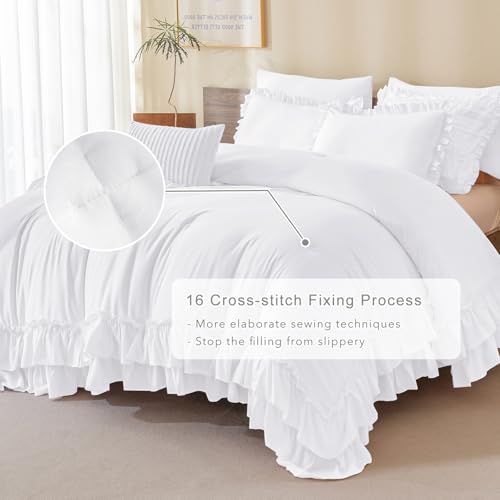Image of QSH Bright White Shabby Boho Chic Ruffled Comforter King Size,3PCs Farmhouse French Country Ruffle King Bed Comforter Vintage Rustic Bedding Comforter Set Ultra Soft Lightweight Microfiber Fluffy Bed