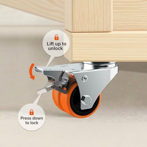 Image of Caster Wheels, 2inch Casters Set of 64 Heavy Duty, Two-Wheeled Orange TPE Casters with Brake, Double-Wheeled Swivel Plate Locking Castor Wheels Widely Used in All Kinds of Furniture.(64 Pack)