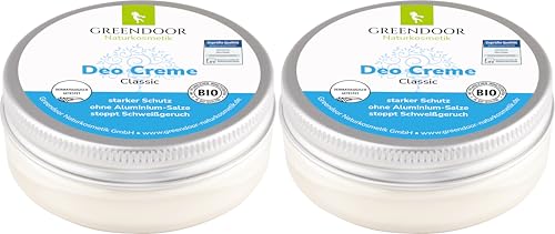 GREENDOOR Crema deodorante senza alluminio, confezione risparmio da 2, 100 ml, naturale senza sali di alluminio, olio di palma, aloe vera, cosmetici naturali, deodorante crema