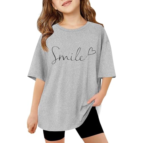 Image of Generisch 2025 Girls Letter Print Short Sleeve Oversized Tops Casual Crew Neck Basic T-Shirts Long Shirt, gray, 13- 14 Years