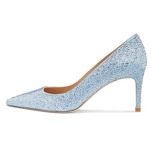 FOWT Women Rhinestone Studded Pointed Toe Pumps Slip on Kitten Mid Heels Wedding Party Evening Shoes Size 4-16 US4