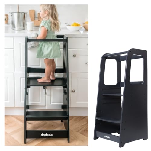 Image of dadada Baby Montessori Toddler Tower - Adjustable Kitchen Step Stool for Kids with Safety Rail - Baby-Safe Finish, Encourages Cooking Skills and Independence - Graphite