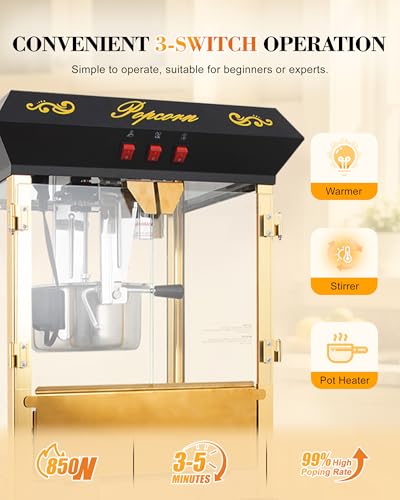 Image of Large Popcorn Machine with Cart: Vintage Commercial Popcorn Maker Movie Theater Style Makes Up to 64 Cups for Home Party Office, 16 Oz Popcorn Machine with Cart, Black