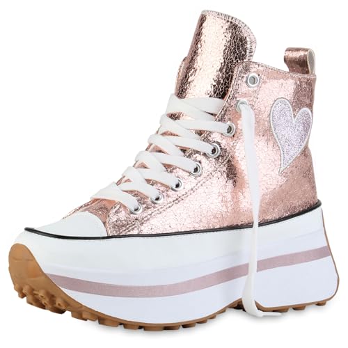 VAN HILL Damen Plateau Sneaker Blockabsatz Glitzer Trendy Schuhe 216849 Rose Gold 37