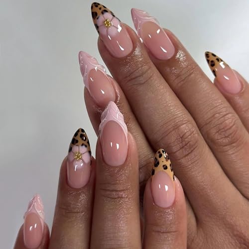 BABALAL Press on Nails Almond Medium Fake Nails Brown Cheetah