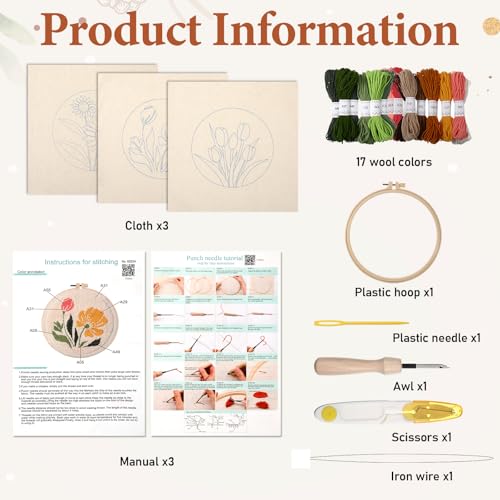Image of Lyksgir 3 Sets Punch Needle Kits, Punch Needle Embroidery Starter Kits for Adults Beginners, DIY Easy Flower Embroidery Set with Printed Pattern, Hoops, Yarns, Instruction and Threader Tools