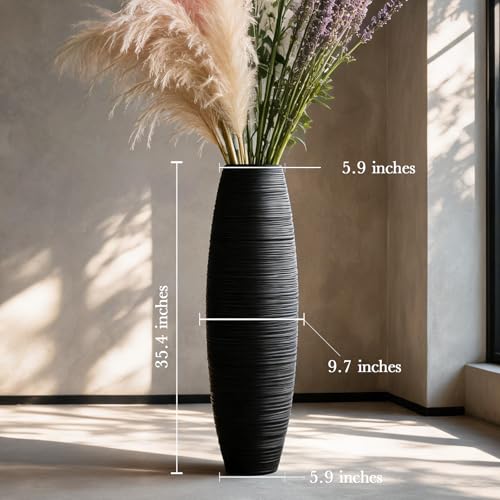 Image of Large Floor Vase 35.4 inch Matte Black, Resin Wide-Body Vase with Horizontal Ribbed Texture for Dried Pampas Grass Branches, Modern Home Decor for Living Room Corner Entryway