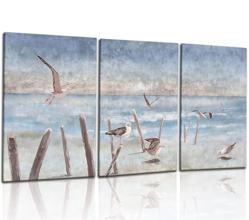 Framed Coastal Seagull Wall Art 3 Piece Canvas Prints of Beach Seabirds Ocean Landscape – Seaside Watercolor Poster Picture Painting for Living Room, Bathroom, or Bedroom Décor – Ready to Hang 12x16IN