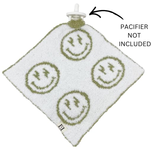 Image of L+L USA Smiley Face Baby Lovey Pacifier /Teether Holder 10 inchx10 inch - DreamSoft Plush Fluffy Cuddly Soothie Reversible Mini Comfort Blanket Cute Newborn Gift Essential Babies Boys Girls (Sage Green /White)