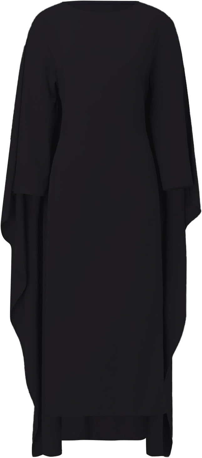 Satin Party Dress Robe Abaya Muslim Women Elegant Solid Round Neck Bat Sleeves Loose Turban for Men Head
