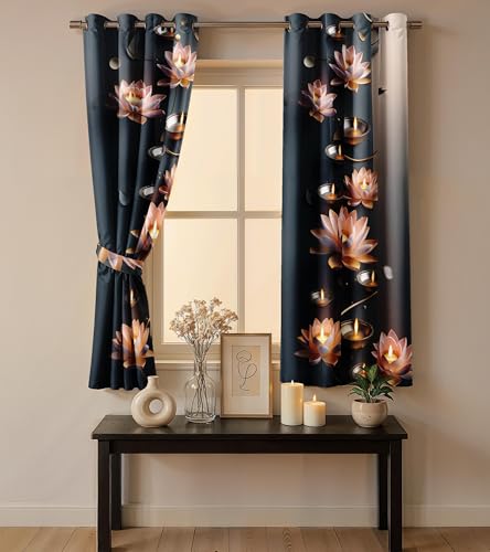 Image of Ultimate Trends Festival Themed Light Filtering Polyester Curtain Diya, Lantern, Lotus & Fireworks Print | Ideal for Diwali, Pooja Room, Living Room Dcor | Eyelets|, 7 FEET (Pack of 2)