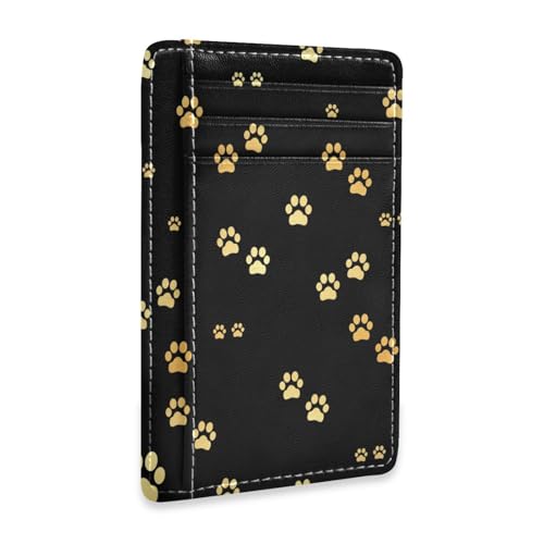Slim Minimalist Wallet Dog Gold Paw Prints Front Pocket Wallet PU Leather Rfid Blocking Wallets for Men and Women