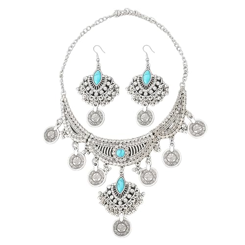 Dtja Boho Turquoise Coin Jewelry Set for Women Vintage Silver-Tone