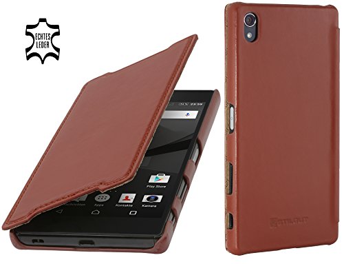 StilGut Book Type, Funda de Piel auténtica para el Sony Xperia Z5 / Z5 Dual Premium, Cognac