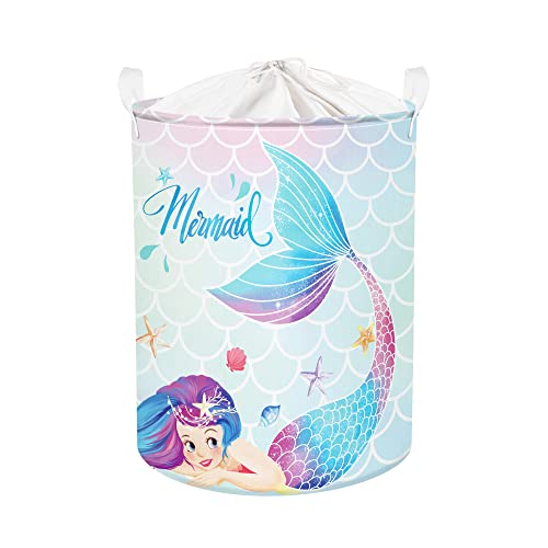 Clastyle 45L Colorful Mermaid Blue Girls Laundry Hamper Starfish Seashells Round Toy Clothes Storage Basket For Kids Room, 14.2X17.7 In #TOP16