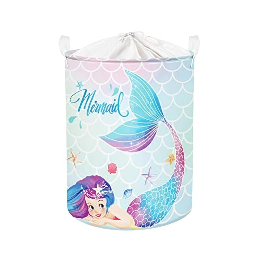 Clastyle 45L Cesta Ropa Sucia Niñas Sirena Colorido Estrella de Mar Conchas Cestos Almacenaje Juguetes Azul Plegable Redonda para Habitación Infantil, 36x45 cm