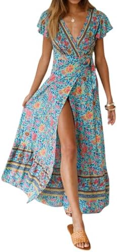 Boho Dresses for Women Summer Floral V Neck Short Sleeve Side Spl...