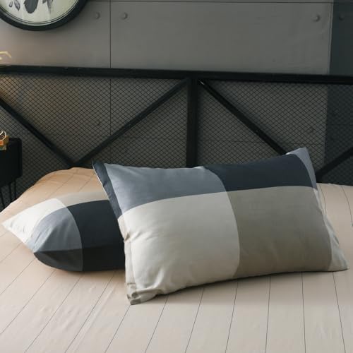 Image of mixinni Queen Size Checkered Duvet Cover Set - 3 Piece Grey Geometric Cotton Bedding Set with Zipper Closure & Corner Ties, 100% Washed Cotton Soft Breathable Duvet Cover for Men, Women, Teens (Queen)