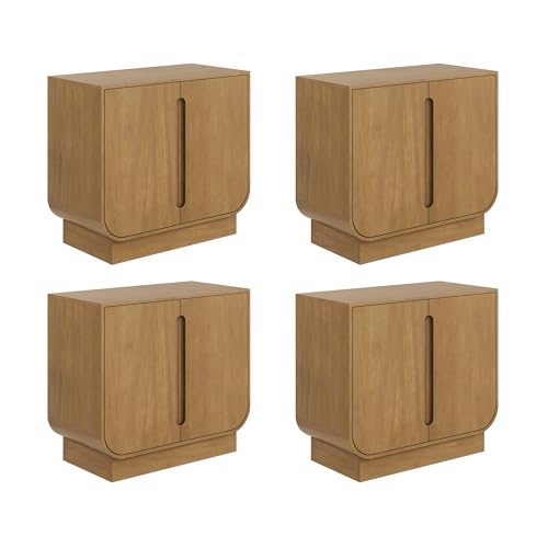 Image of Nathan James Joey Mid Century Modern Storage Cabinet, Arched Accent Cabinet with Rounded Bottom Edges and Integrated Door Pull Cutouts, Light Brown Set of 4