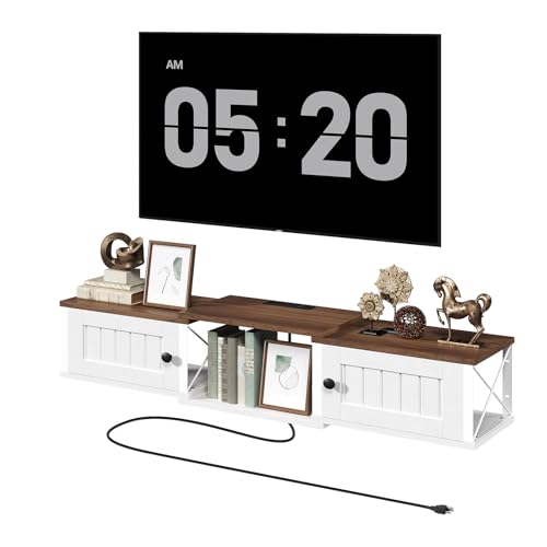 MAHANCRIS Farmhouse Floating TV Stand with Power Outlet, Wall Mounted Entertainment Center with Doors, Media Console Cabinet with Storage, for Living Room, Bedroom, White and Walnut TVBZ402E01