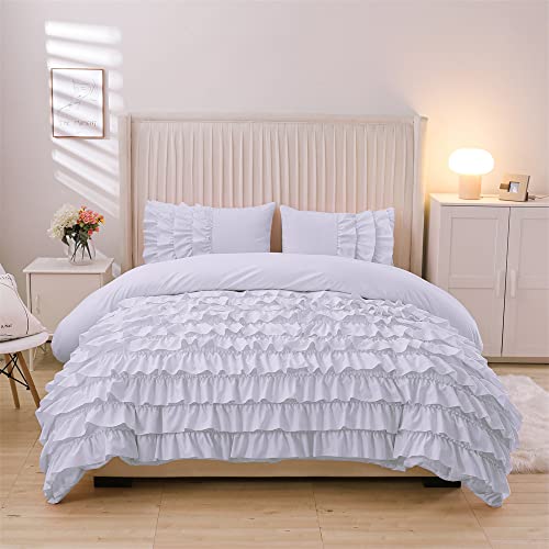 Holawakaka White Waterfall Ruffle Comforter Set Twin Size Multi-Layers Ruffled Shabby Chic 3Pcs Bedding Set For Girls Women #TOP2