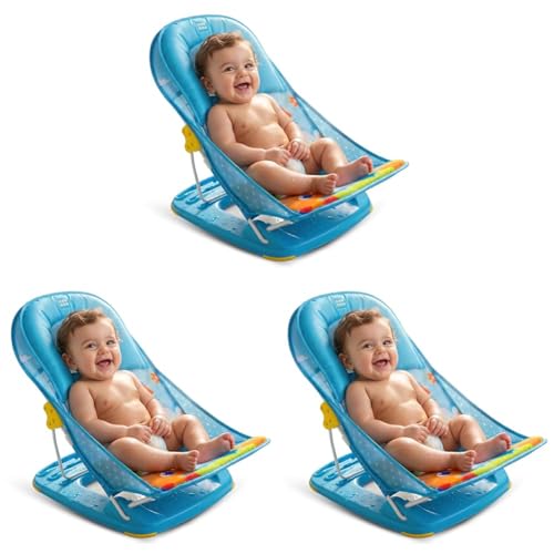 Image of Mee Mee Newborn Baby Bather | Bath Chair for Newborns and Infants 0-12 Months | Foldable | 3 Position Adjustable Chair | Anti Skid Base | Washable Soft Mesh Seat | for Babies Upto 5Kg (Blue)