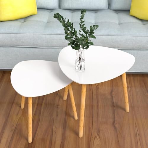 Image of Modern Wooden Nesting Side Table Set of 2 for Living Room | Space Saving Sofa Side Table | Bedside End Table | Multipurpose Accent Tables for Home Bedroom Office (White, Nesting)