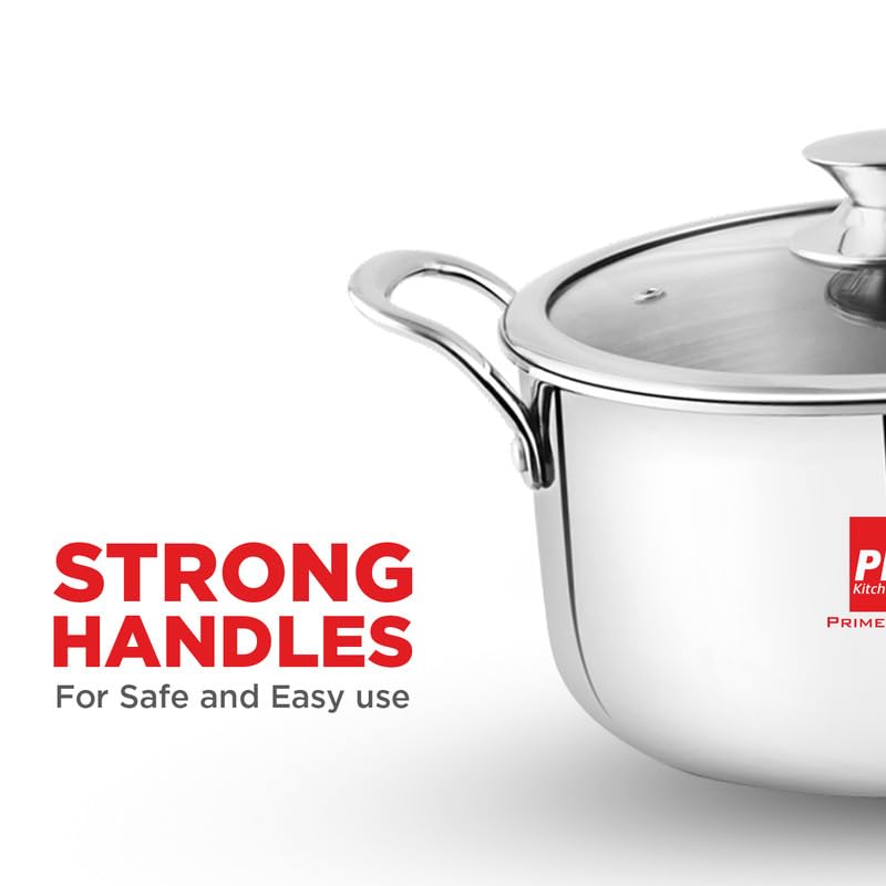 Image of PNB Kitchenmate Triply Cookpot with Glass Lid, 24cm, 5.5 LTR, 2.5mm Extra Thick Stainless Steel Casserole, Induction & Gas Compatible, 5 Years Warranty, Silver