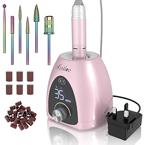 Kredioo Professional Electric Nail Drill Machine 35000RPM Electric Nail Files for Acrylic Nails Gel Nails Manicure Pedicure Salon E File Kit with Pause Button LED Display, 36W, UK Plug, Rose Pink Cover