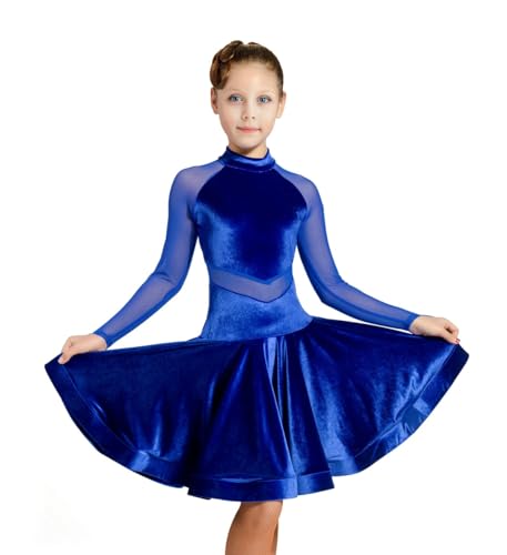 SCGGINTTANZ GD3102 Kid Latin Ballroom Party Dance Professional net Yarn and Velvet Splicing Design Performance Dress for Girl ((FBA) Blue 120)