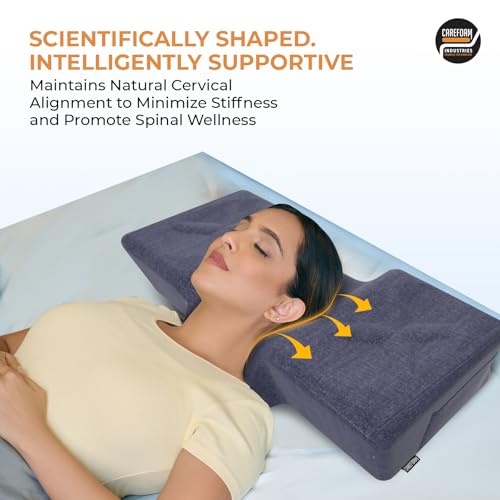 Image of CareFoam Anatomic Memory Foam Pillow | Ergonomic Contour Design | Cervical Neck Support for Sleeping | Comfort | Orthopedic Pillow with 2-Year Warranty | Standard Size | Blue Melange Washable Cover