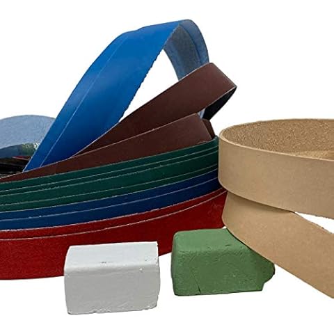 1" x 30" Belt Combo Pack : 12 Assorted Grit Belts + 2 Leather Honing Stropping Belts + Green Stainless & White Diamond Buffing Compounds Cover