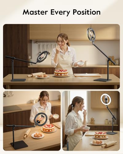 Image of LUXSURE Ring Light with Magnetic Phone Holder, Overhead Phone Mount with 10 inch Selfie Light Phone Tripod with Ring Light and Remote, Phone Stand with Light for Video Recording