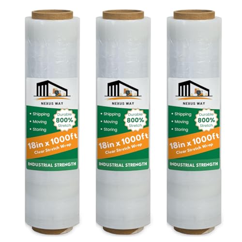 NEXUSWAY 18'' Stretch Film Wrap for Moving - Stretch Film Pallet Wrap Roll Heavy Duty 1000 feet 80 Gauge Industrial Strength up to 800% Stretch 20 Microns for Shipping Moving Furniture (Pack of 3)